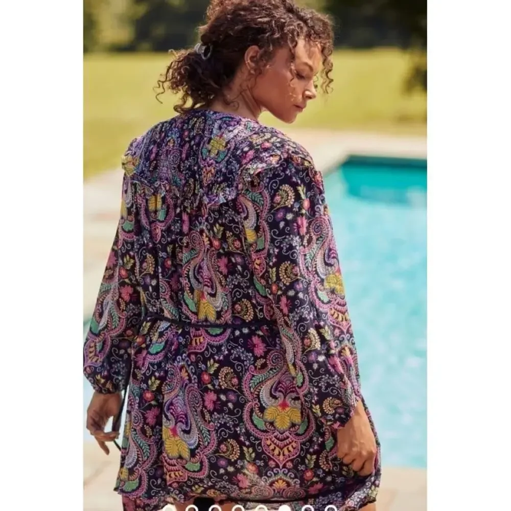 Anthropologie tunic cover up paisley dress long sleeves size XL 100% cotton